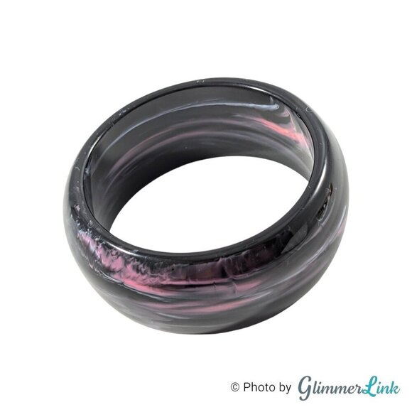 Retro Wide Dome Black Pink Swirl Plastic Resin Bangle Bracelet - Picture 5 of 11